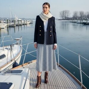 CHAPTER ONE Vintage Nautical Navy White Striped Midi Maxi Skirt w Side Zip Sz: 4
